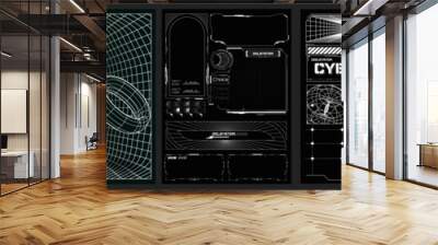 Cyberpunk Concept Posters with Futuristic UI Elements. A collection of black and white cyberpunk posters featuring futuristic user interface designs and digital graphics. Black and white retro poster. Wall mural