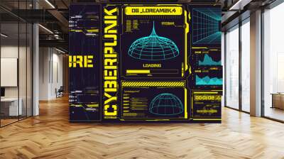 Cyberpunk retro futuristic poster set abstract cosmic shapes. Digital design elements hud style. Trendy 2022 shapes in cyberpunk style. Bar labels,info box bars. Futuristic info boxes layout templates Wall mural