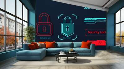 Digital Security Lock Icons Set on Dark Background. Stylized vector set of digital security lock icons glowing in blue and red on a sleek dark background, representing cybersecurity and protection. Wall mural