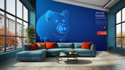 Digitalized piggy bank glows in neon blue, symbolizing modern savings and futuristic finance technology. Futuristic Digital Piggy Bank Concept in Blue Wireframe on Dark Background. Website Landing. Wall mural