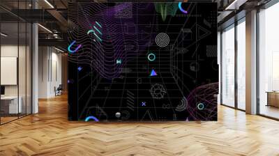 Dynamic textured geometric elements design. odern Gradient abstract wireframe background universal trendy shapes, with glitch effects. Cyberpunk retro futurism set. Can be used on posters,banner,web Wall mural