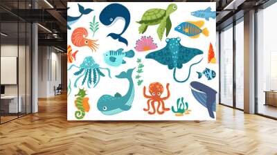 Fish and wild marine animals are isolated on white background. Inhabitants of the sea world, cute, funny underwater creatures dolphin, shark, ocean crabs, sea turtle, shrimp. Flat cartoon illustration Wall mural