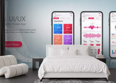 Fitness app material design with flat ui web screens. Template ready application UI, UX, KIT elements. Data analysis, choice of training program. Workout and statistics features and responsive website Wall mural