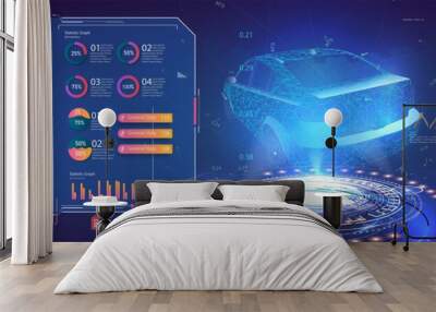 Futuristic car user interface. Hologram car style in HUD, UI GUI. Hardware Diagnostics Condition of Car. Virtual graphical interface UI GUI HUD auto scanning, analysis and diagnostics, speedometer. VR Wall mural