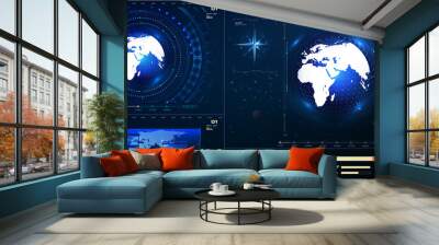 Futuristic earth in modern HUD style on blue background. planets. Satellites digital global technology concept. Maps futuristic technology HUD screen and set UI elements.   Wall mural