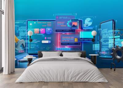 Futuristic Tech Repair Concept with Laptop, Smartphone, and Tools. Vibrant featuring digital UI,UX interfaces across devices with floating wrench and gears, symbolizing technology maintenance. Wall mural