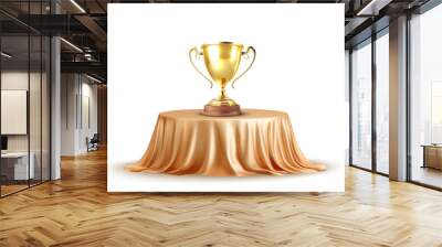 Golden vector trophy standing on a round, draped pedestal with luxurious golden fabric. The award symbolizes achievement, success, and excellence, ideal for concepts of competition, victory. Wall mural