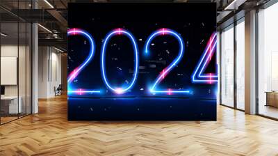 Happy New Year vector holiday in technology sci fi circuit design innovation concept. 3D 2024 date number holiday greeting card. Futuristic web banner template. Wall mural