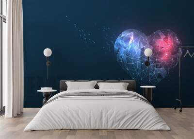 Heart. Abstract polygonal wireframe mesh art with crumbled edge on blue and red night sky with dots, stars and looks like constellation. Valentine day, greeting, health, background Wall mural