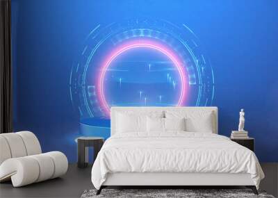 Hi-tech blue futuristic circle 3D stage with smoke. HUD hologram projector, podium. Blank Hologram for show your product. Circle technology portal. Vector illustration Wall mural