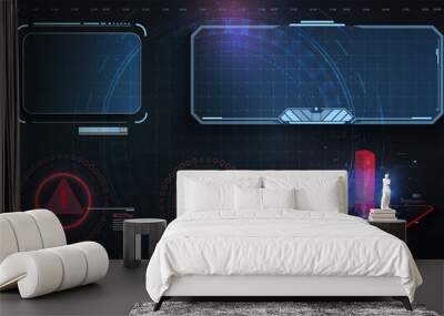 HUD, UI, GUI futuristic user interface screen elements set. High tech screen for video game. Sci-fi concept design. Callouts titles. Modern banners, frames  of lower third. Red. Vector illustration Wall mural