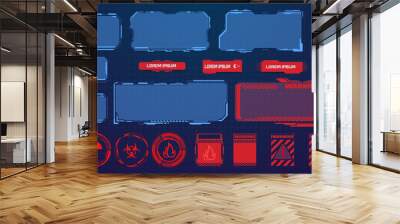 HUD, UI, GUI futuristic user interface screen elements set. High tech screen for video game. Sci-fi design. Callouts titles. Modern banners, frames of lower third. Red warning, danger frame. Vector Wall mural