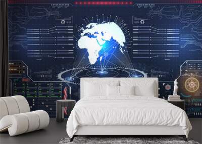 Infographic or technology interface for information visualization. Science and space, tech and sci-fi, analysis theme Planet hologram with futuristic hud design elements with bar and circle graph.  Wall mural