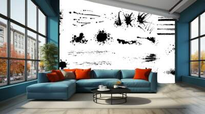 Ink splashes. Black inked splatter dirt stain splattered spray splash with drops blots isolated. Ink splashes stencil. High quality manually traced. Drops blots isolated. Vector illustration Wall mural