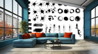 Ink splashes. Black inked splatter dirt stain splattered spray splash with drops blots isolated. Ink splashes stencil. Wall mural