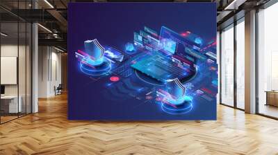 Isometric personal data protection web banner concept. Cyber security and privacy. Network digital technology concept. Security isolated illustration. The future of data security. Vector illustration Wall mural