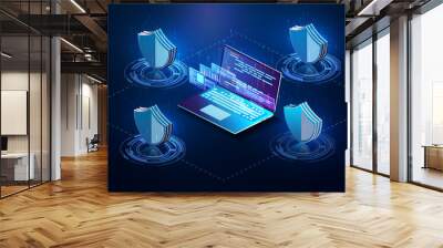 Isometric personal data protection web banner concept. Cyber security and privacy. Network digital technology concept. Security vector icon. Vector isolated illustration. The future of data security. Wall mural