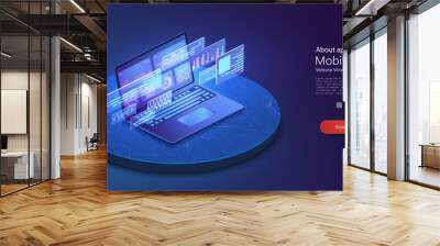 Laptop with business analysis and communication contemporary marketing and software for development. Infographic for web banner. Perfect for web design, banner and presentation. Isometric vector Wall mural