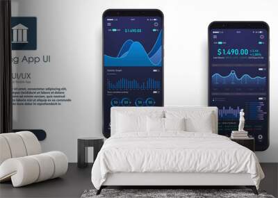 Mobile app infographic template with modern design weekly and annual statistics graphs. Pie charts, workflow, UI elements. Digital money market, investment, finance and trading. Perfect for web design Wall mural