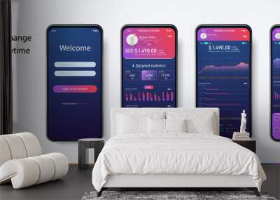 Mobile app infographic template with modern design weekly and annual statistics graphs. Pie charts, workflow, web design, UI elements. Vector EPS 10 Wall mural