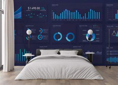 Modern modern infographic vector template with statistics graphs and finance charts. Diagram template and chart graph, graphic information visualization illustration.Technology user interface display. Wall mural