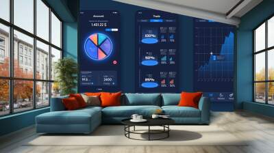 Pie charts, workflow, web design, UI/UX elements. Phone screen with modern dashboard admin analytics, modern diagrams and bars with stock statistics and forecasts.  Scales, graph charts, and diagrams Wall mural