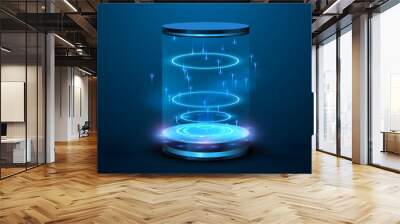 Portal and hologram futuristic Neon color circle elements. Standard podium or studio futuristic pedestal round platform showroom. Magic circle teleport stand. Cyberpunk blue style. Wall mural