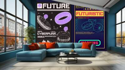 Retrofuturistic posters with cyber lettering. Collection of modern abstract posters. In acid style. Retro futuristic design elements, perspective grid, tunnel, circle. Wall mural