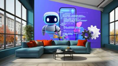 Robot interacting with a smartphone that displays digital code, set against a dynamic purple background with digital icons and gears.  Futuristic Robot with Smartphone Displaying Code. Vector Wall mural