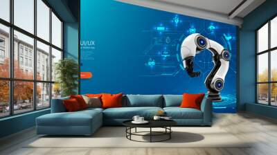 Robotic Arm in Digital Interface Environment: Smart Industry Concept. Sophisticated robotic arm is central in a virtual blueprint interface, symbolizing high-tech automation and AI in modern industry. Wall mural