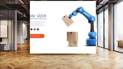 Robotic arm with a blue design holding a cardboard box, representing warehouse automation and logistics in modern industries. Mechanical arm highlights advanced technology. Vector illustration Wall mural