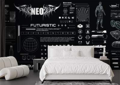 Sci-fi inspired futuristic typography and lettering, complete with HUD and big set Y2K elements. Extensive Collection of Futuristic HUD and Sci-Fi Interface Elements. Vector illustration Wall mural