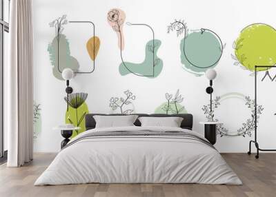 set of floral design elements, frames and labels made with continuous line drawing. hand drawn vecto Wall mural