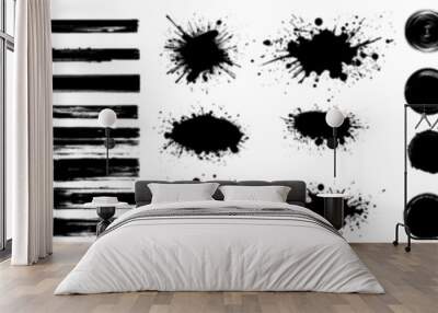 Set of paint brush stroke, ink splatter and artistic design elements. Ink splashes. Rough smears and stains. High quality manually traced. Drops blots isolated. Vector isolated elements set.  Wall mural