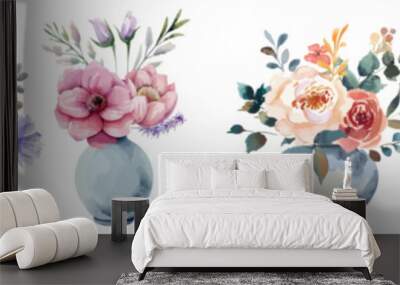 Set of watercolor bouquets. Flowers, leaves, vase. Isolated Wall mural