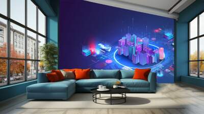 Smart city or intelligent building isometric vector concept. Building automation with computer networking illustration. Data Center Blockchain Technology. Smart city and communication network concept. Wall mural