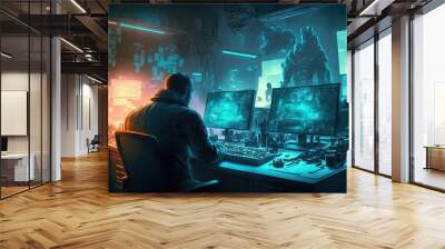 Smart man develops fantasy video game on big monitors AI Wall mural