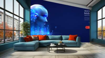 Technology and engineering concept. Artificial intelligence in humanoid head with neural network thinks, data mining, deep learning, modern computer technologies. Vector illustration Wall mural