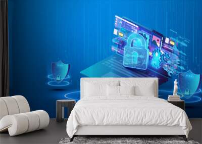 The concept of data security protection on a blue laptop. Computer network security technology. Processing and online data protection via a secure Internet connection. System confidentiality. Wall mural