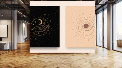 The hands are folded in a simple flat esoteric boho style. Women collection of logos hands with different symbols, such as the moon and the sun. Vector illustration. Wall mural