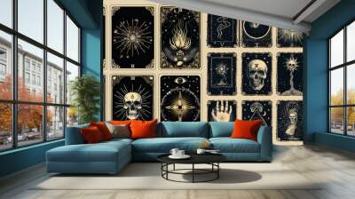 The occult magic tarot cards are hand drawn tarot cards with skulls, lotuses, and evil eyes. Wall mural