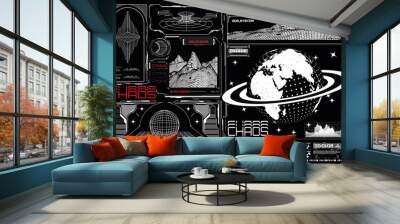 Trendy brutalism style posters with geometric shapes frames, mountains, planet. Modern minimalistic futuristic print with elements of games. Sci fi and HUD box elements for Futuristic design. Vector  Wall mural