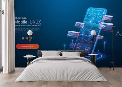 Use a smartphone with business graph and analytical data on futuristic isometric mobile phone. Bright, colorful, neon graphics and data. Data analytics for marketing solutions or financial performance Wall mural