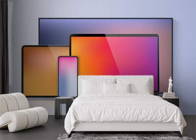 Vector minimalistic 3d illustration set device. Realistic smartphone laptop, tablet, tv. Soft color mesh gradient background. Vector isolated device screen for graphics presentations wallpaper design. Wall mural