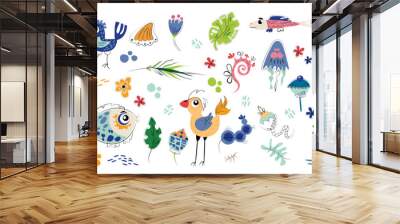 Vibrant Collection of Illustrated Animals and Nature Elements in a Whimsical Style. Isolated flat vector illustration Wall mural