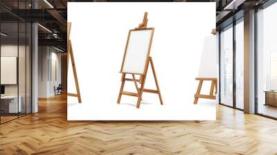 Wooden easel stand with an art board vector mockup. 3D painter's canvas tripod for displaying artist's drawings in a gallery exhibition. Wooden Easel Stand with Art Board - Realistic Vector Mockup. Wall mural