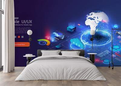 World wide web via wireless satellite network technology. digital connection at clouds services of all earth. Global network technology in isometric illustration. World internet connection. Wall mural