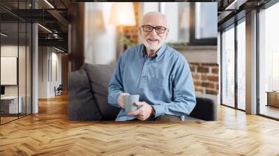 Delicious drink. Pleasant elderly man in spectacles sitting on the sofa and posing with a cup of coffee while smiling at the camera Wall mural