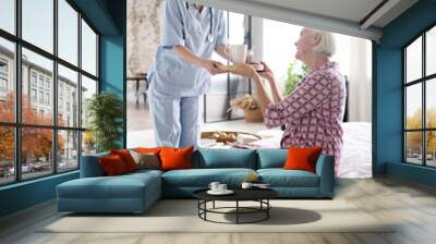 Nurse smiling while giving breakfast to aged woman Wall mural