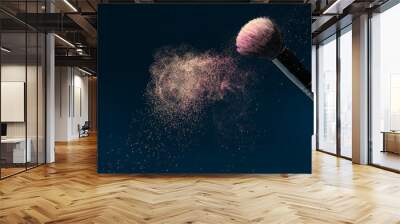 Professional black make-up brush with pink powder in motion isol Wall mural